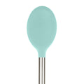 The Silicone Mixing Spoon, shown on a white background, features a round teal silicone head and a sturdy stainless steel handle for durability in the kitchen.
