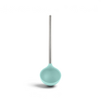The tovolo Silicone & Stainless Steel Ladle features a light blue silicone scoop and a long, straight stainless steel handle—an essential kitchen utensil for any home chef. Shown against a white background.