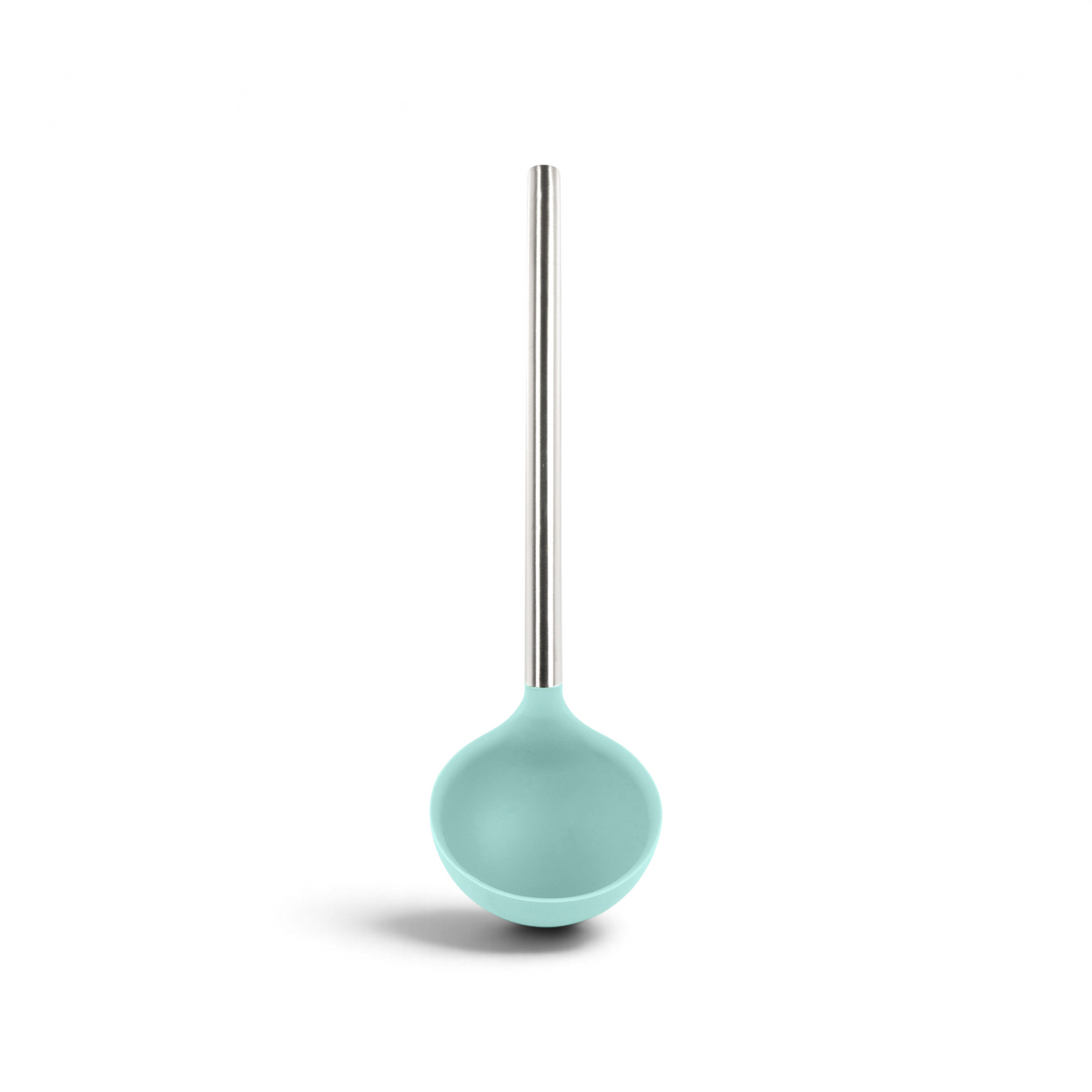 The tovolo Silicone & Stainless Steel Ladle features a light blue silicone scoop and a long, straight stainless steel handle—an essential kitchen utensil for any home chef. Shown against a white background.