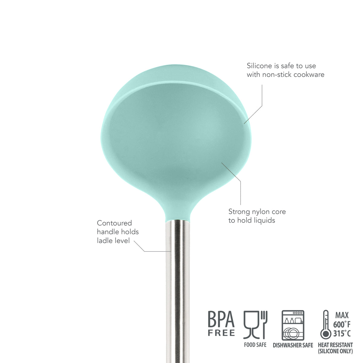 The tovolo Silicone & Stainless Steel Ladle features a teal silicone head, contoured stainless steel handle and core, is BPA-free, food safe, dishwasher safe, heat-resistant, and safe for non-stick cookware.