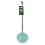The tovolo Silicone & Stainless Steel Ladle is a teal utensil with a sturdy handle and a hanging hole, shown on a white background.