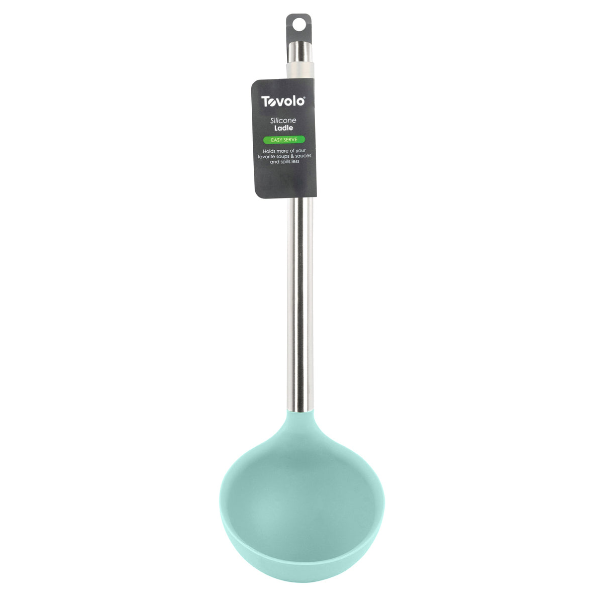 The tovolo Silicone & Stainless Steel Ladle is a teal utensil with a sturdy handle and a hanging hole, shown on a white background.