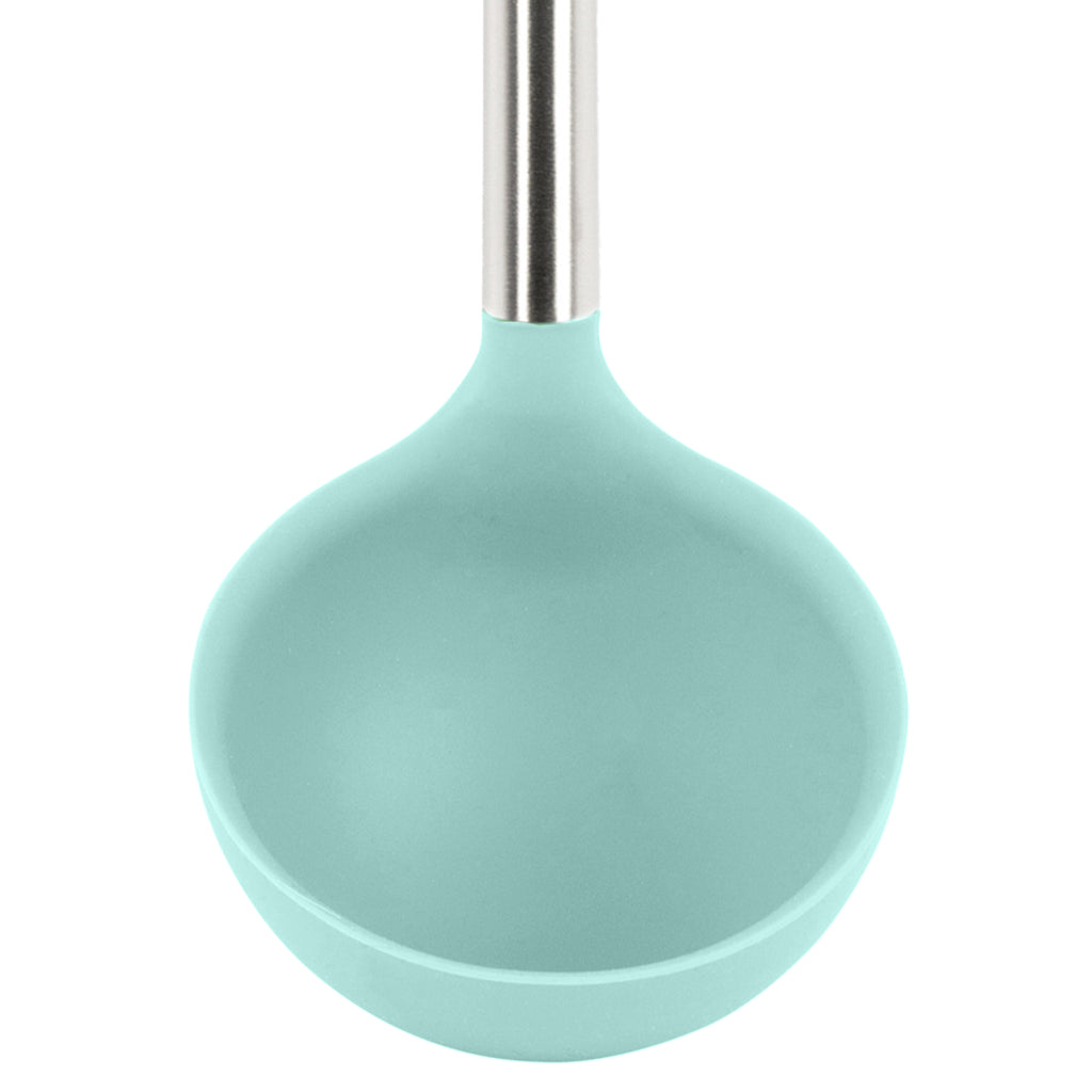 A close-up of the tovolo Silicone & Stainless Steel Ladle, featuring a turquoise silicone bowl and a sleek stainless steel handle, displayed against a white background.