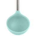 A close-up of the tovolo Silicone & Stainless Steel Ladle, featuring a turquoise silicone bowl and a sleek stainless steel handle, displayed against a white background.
