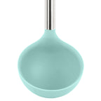 A close-up of the tovolo Silicone & Stainless Steel Ladle, featuring a turquoise silicone bowl and a sleek stainless steel handle, displayed against a white background.