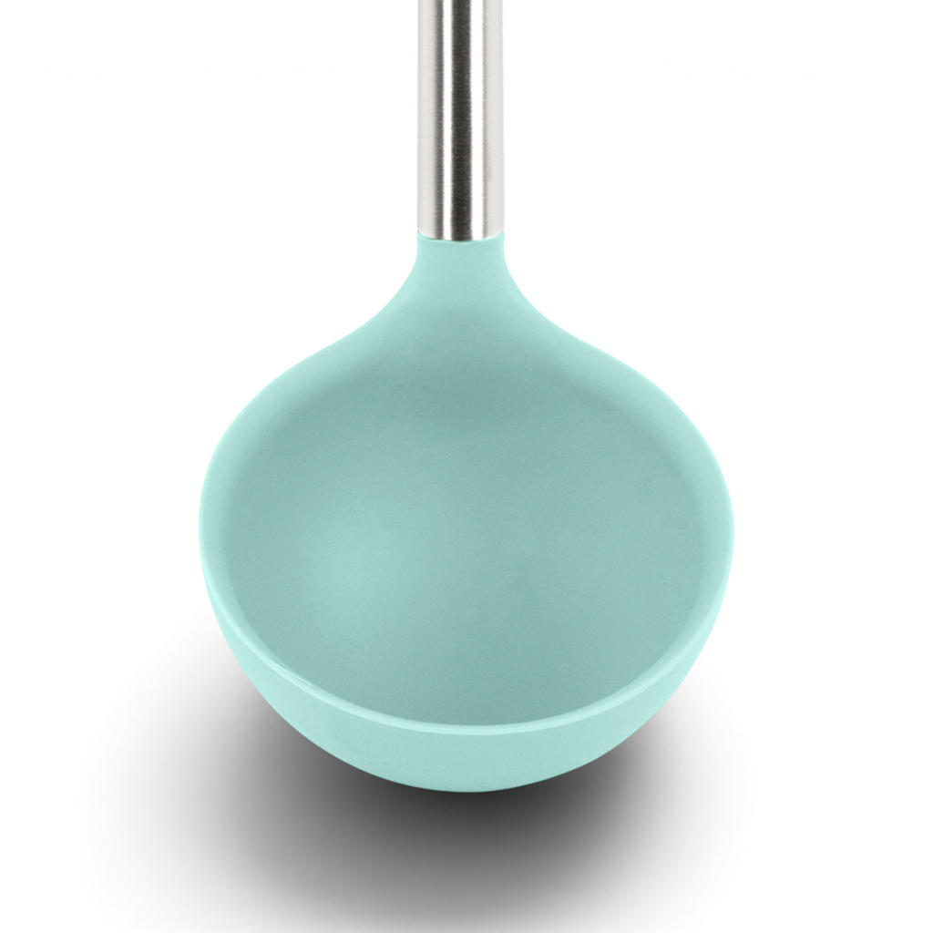 A close-up of the tovolo Silicone & Stainless Steel Ladle, featuring a turquoise silicone bowl and a sleek stainless steel handle, displayed against a white background.