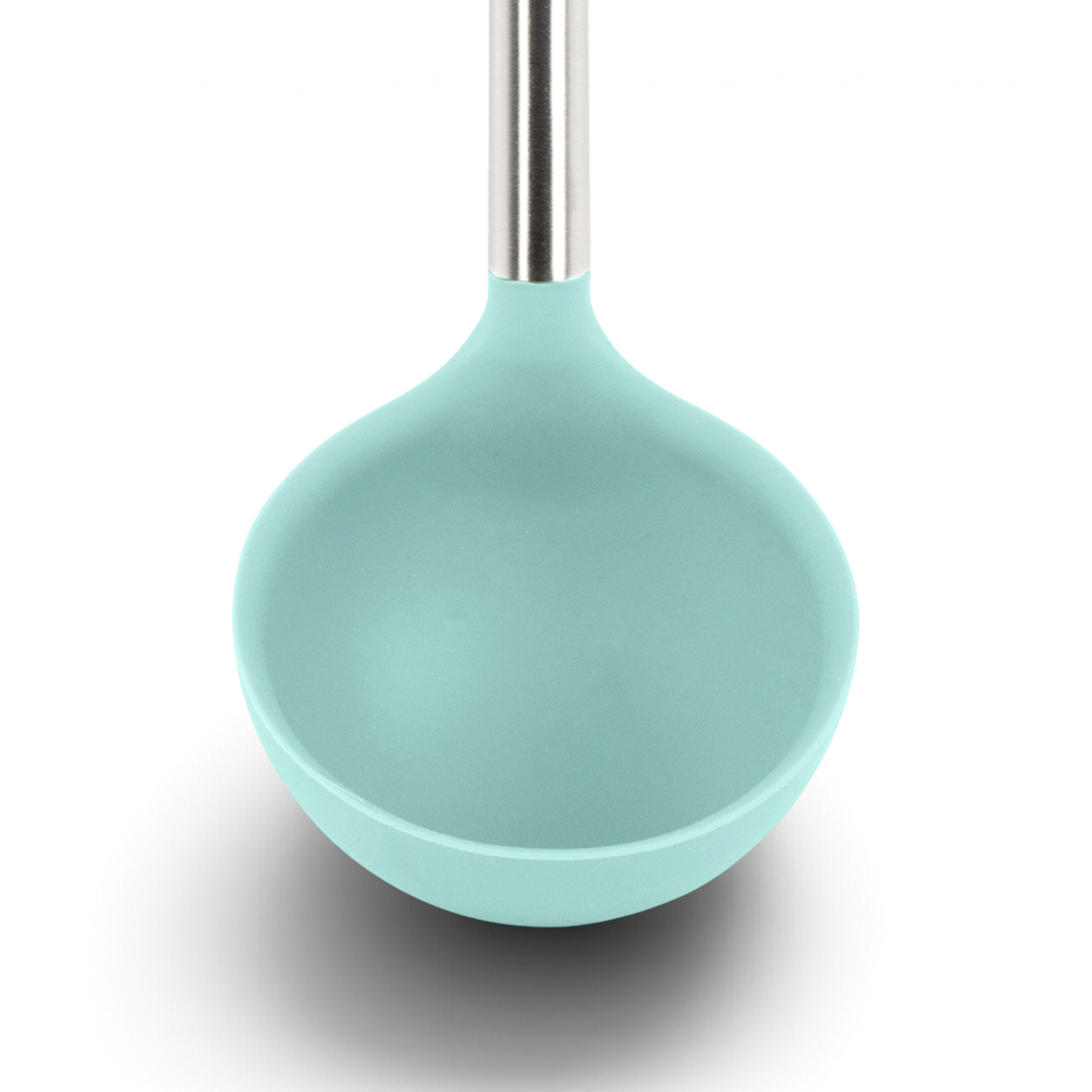 A close-up of the tovolo Silicone & Stainless Steel Ladle, featuring a turquoise silicone bowl and a sleek stainless steel handle, displayed against a white background.