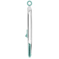 The Tip Top Tongs, silver metal silicone tongs with teal tips and a matching hanging loop, feature a locking stainless steel handle and are displayed vertically against a white background.