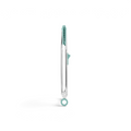 The Tip Top Tongs, silver metal silicone tongs with teal tips and a matching hanging loop, feature a locking stainless steel handle and are displayed vertically against a white background.