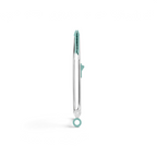 The Tip Top Tongs, silver metal silicone tongs with teal tips and a matching hanging loop, feature a locking stainless steel handle and are displayed vertically against a white background.