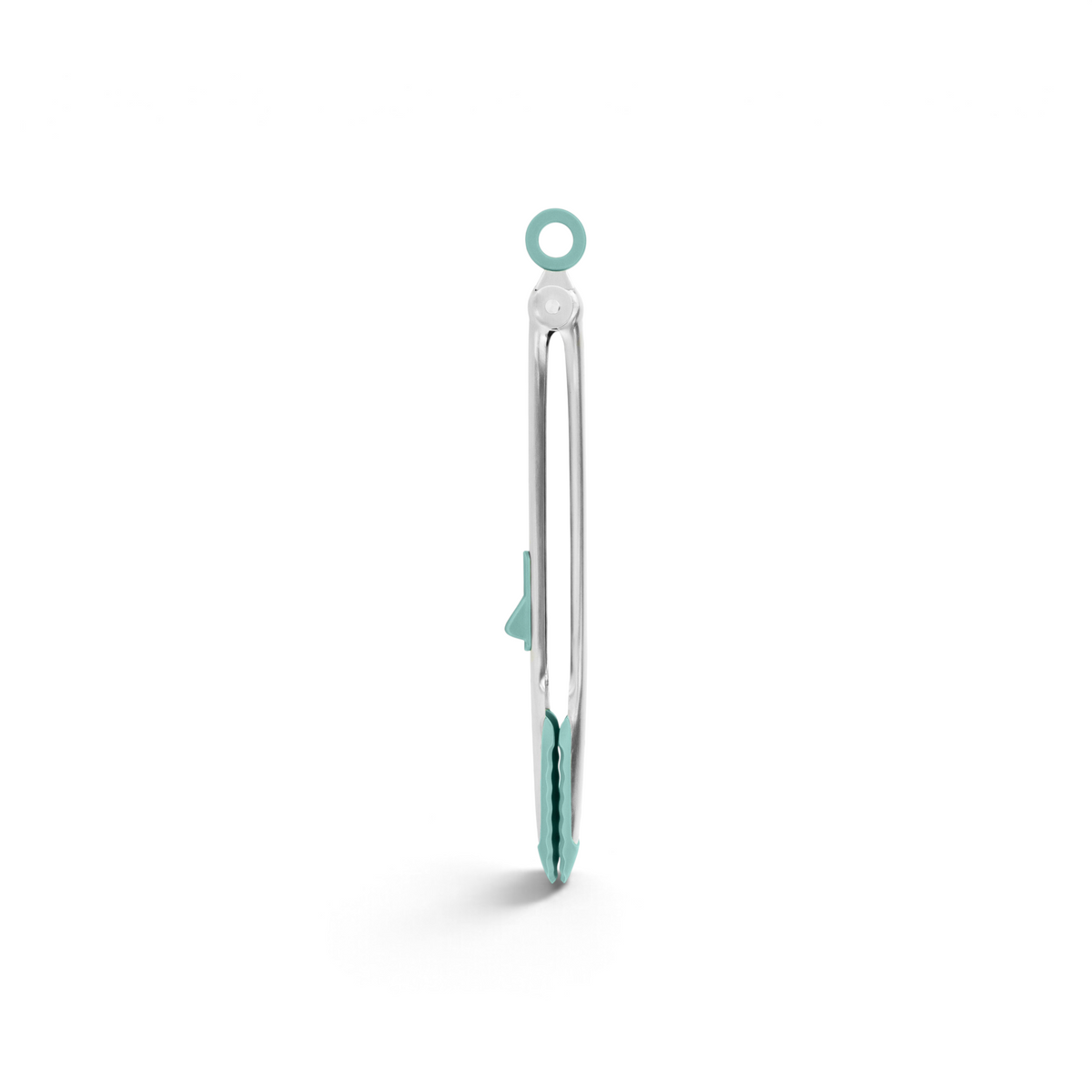 The Tip Top Tongs, silver metal silicone tongs with teal tips and a matching hanging loop, feature a locking stainless steel handle and are displayed vertically against a white background.
