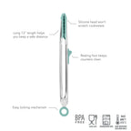 Tip Top Tongs: Silver and teal silicone head, 13" stainless steel handle, resting foot, and easy locking. BPA free, food safe, dishwasher safe, and heat resistant up to 600°F.