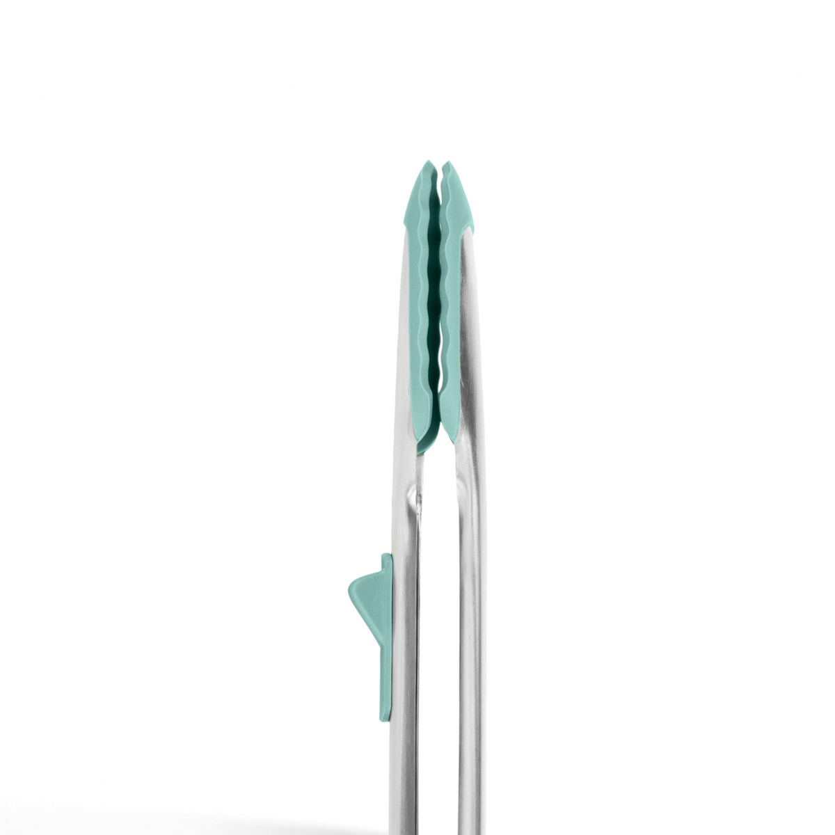 A close-up of Tip Top Tongs featuring light teal silicone tips, a matching teal thumb grip, and a stainless steel handle, isolated on a white background.