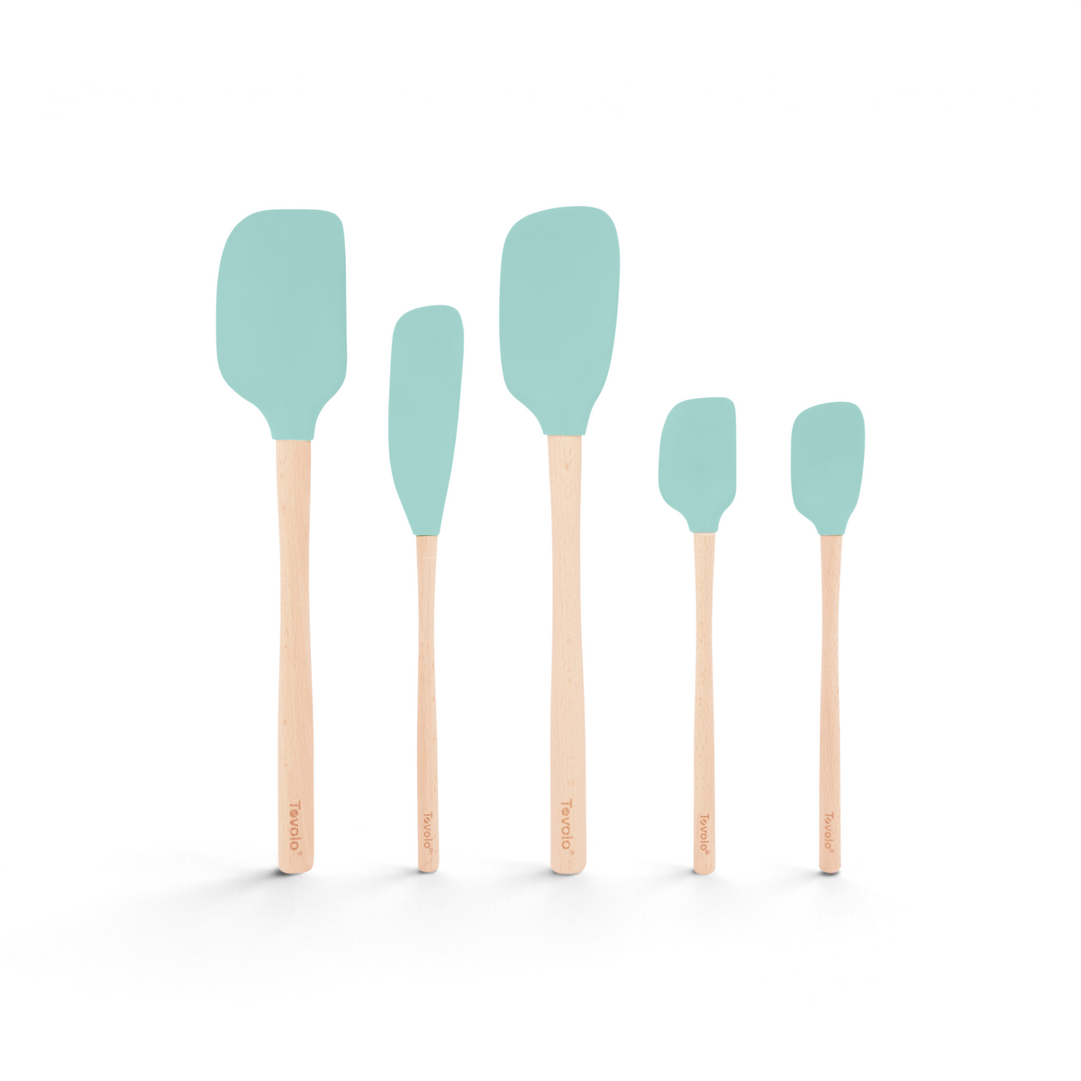 The Flex-Core Wood-Handle Spatula Set of 5 features light blue heads and wooden handles in various sizes, including a Jar Scraper, all arranged upright in a row against a white background.