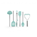 The tovolo Silicone and Stainless Steel Utensil Set of 6 features teal, non-scratch silicone heads and includes a ladle, slotted spatula, tongs, spatula, spoon, and potato masher arranged vertically side by side.