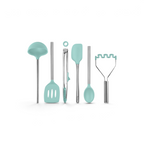 The tovolo Silicone and Stainless Steel Utensil Set of 6 features teal, non-scratch silicone heads and includes a ladle, slotted spatula, tongs, spatula, spoon, and potato masher arranged vertically side by side.