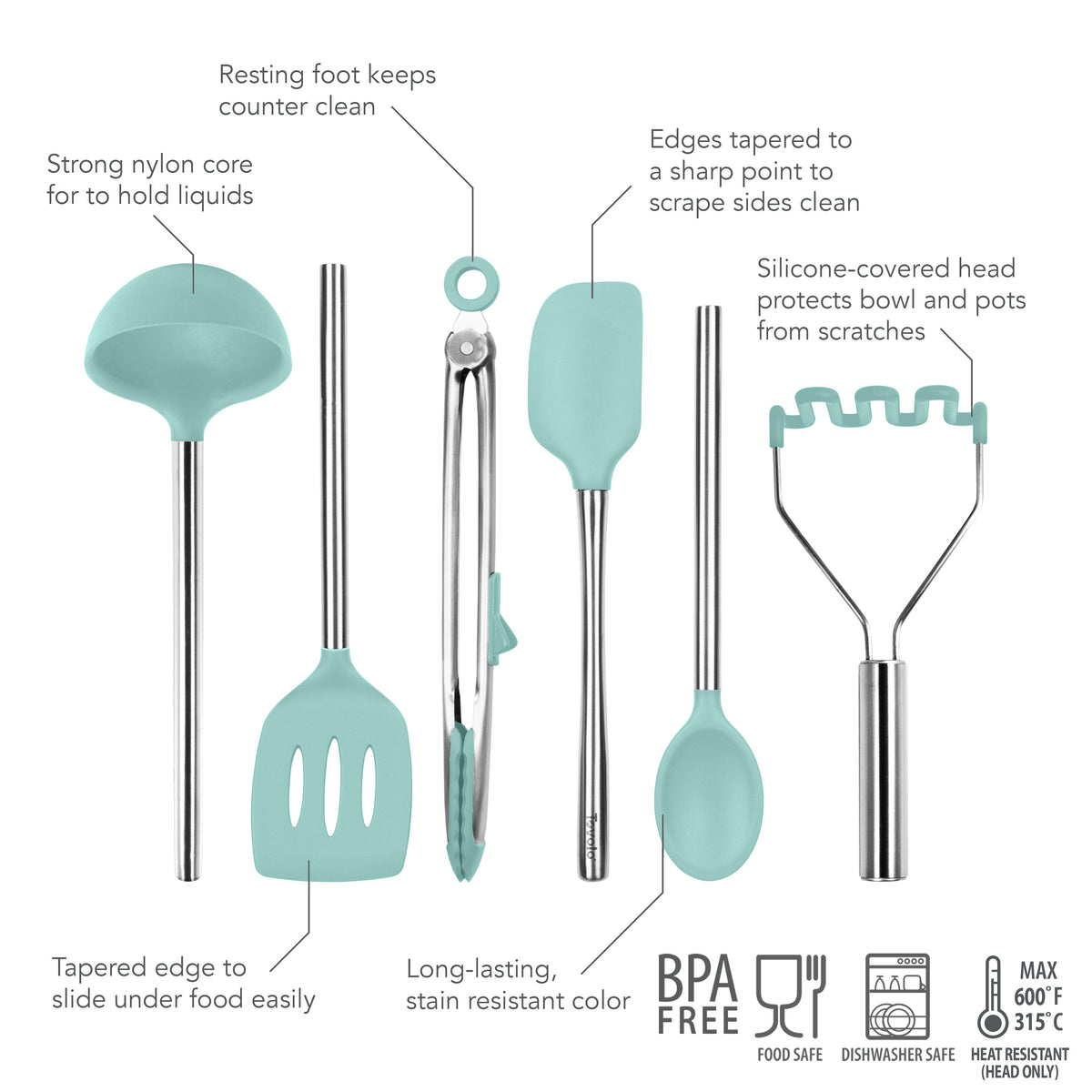 The tovolo Silicone and Stainless Steel Utensil Set of 6 features non-scratch silicone heads, nylon cores, and stainless steel handles. BPA-free, dishwasher safe, and heat resistant up to 315°C in stylish light blue and silver tones.