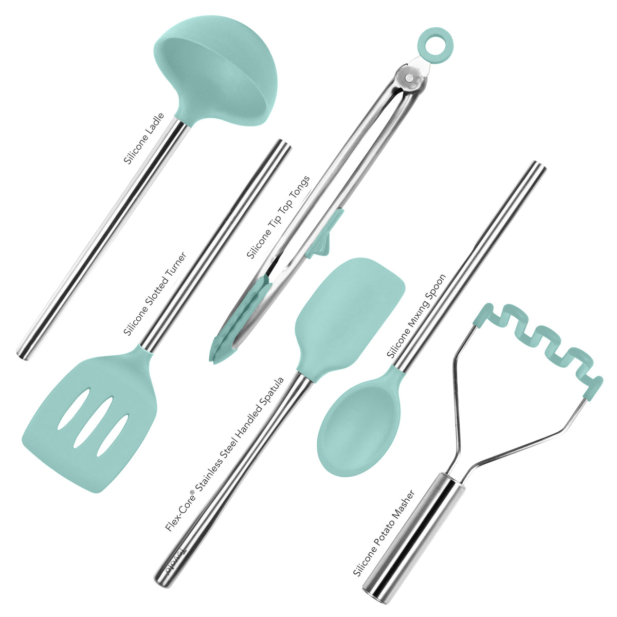 The tovolo Silicone and Stainless Steel Utensil Set of 6 features heat-resistant, turquoise silicone heads—ladle, slotted turner, tongs, spatula, mixing spoon, and potato masher—non-scratch and arranged on a white background.