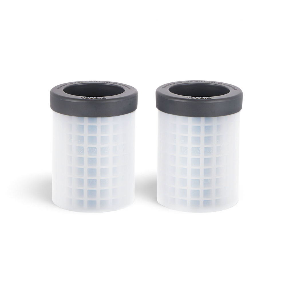 Two Squeeze and Release Mini Ice cylinders with black tops and white, grid-patterned sides stand side by side on a white background—resembling mini ice shapes from a compact tray.