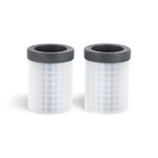 Two Squeeze and Release Mini Ice cylinders with black tops and white, grid-patterned sides stand side by side on a white background—resembling mini ice shapes from a compact tray.
