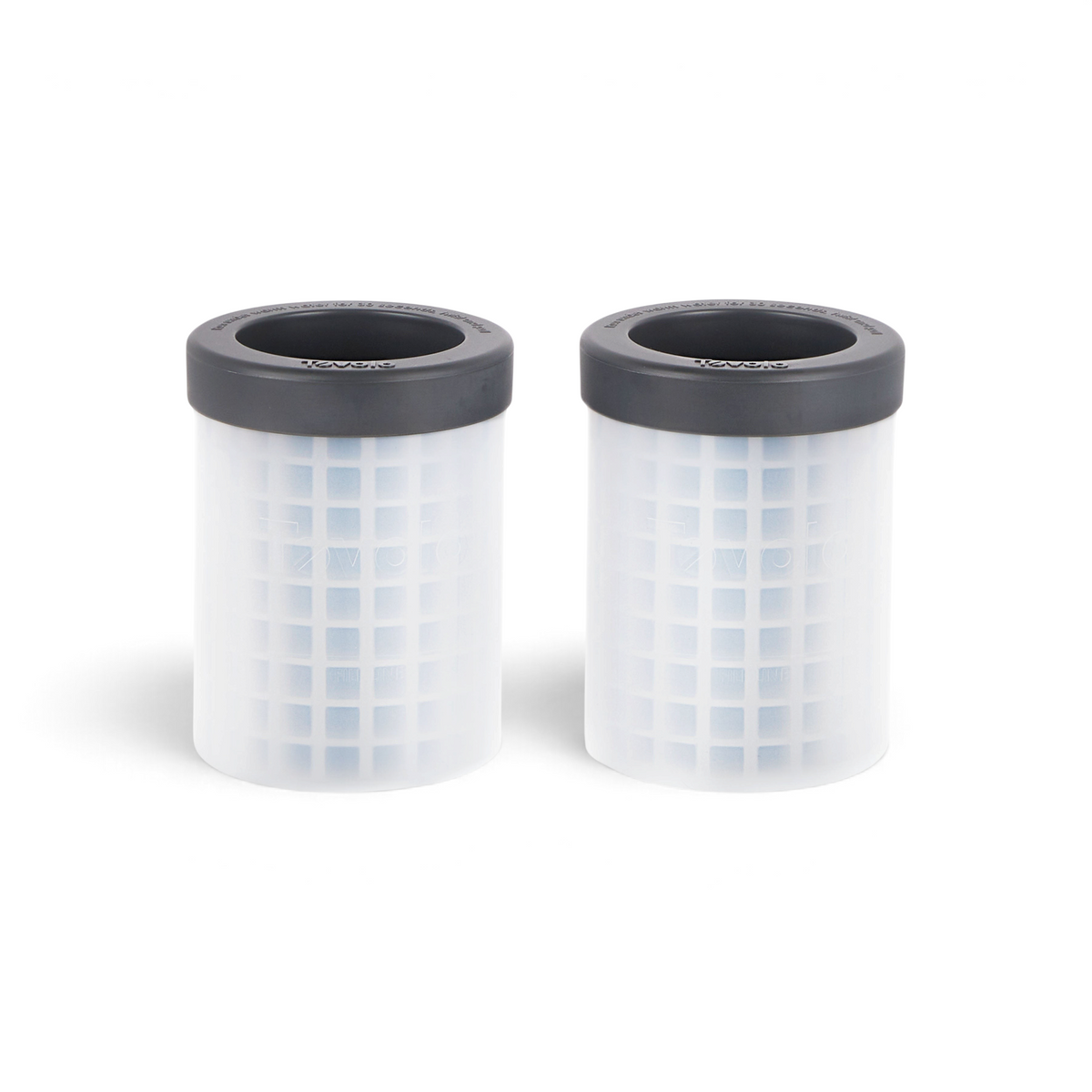 Two Squeeze and Release Mini Ice cylinders with black tops and white, grid-patterned sides stand side by side on a white background—resembling mini ice shapes from a compact tray.
