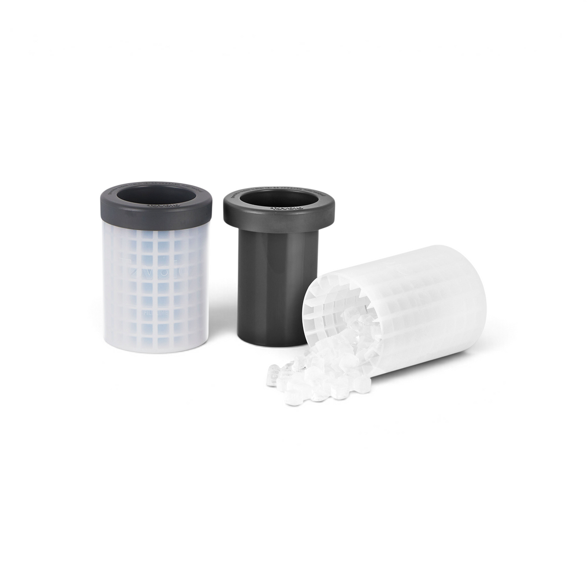 Three Squeeze and Release Mini Ice molds are shown: one with a grid pattern, one solid black, and a third white mold tipped over with mini ice cubes spilling out.