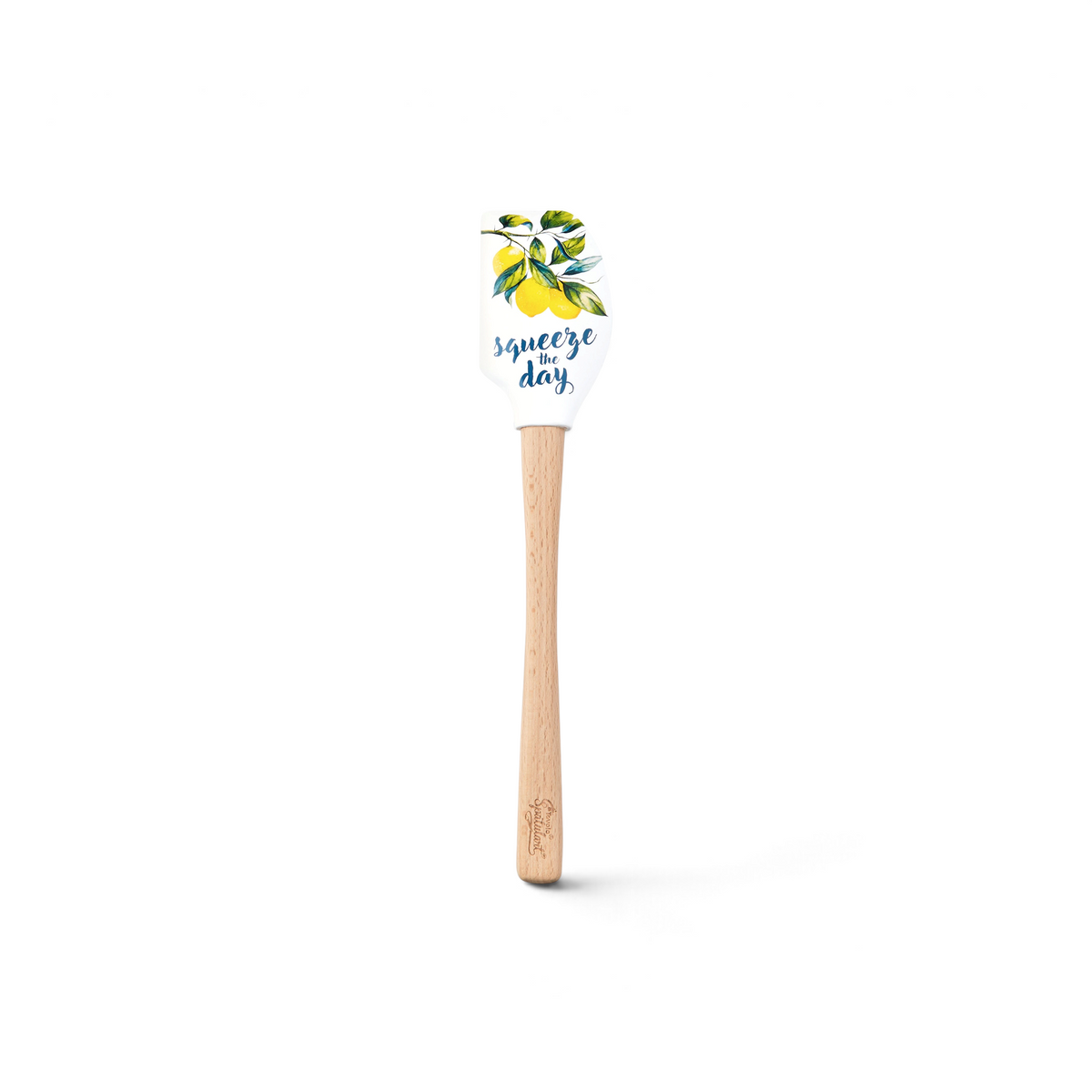 The Summer Spatulart is a durable kitchen utensil with a wood handle and a white silicone head decorated with lemons, leaves, and "squeeze the day" in blue cursive.