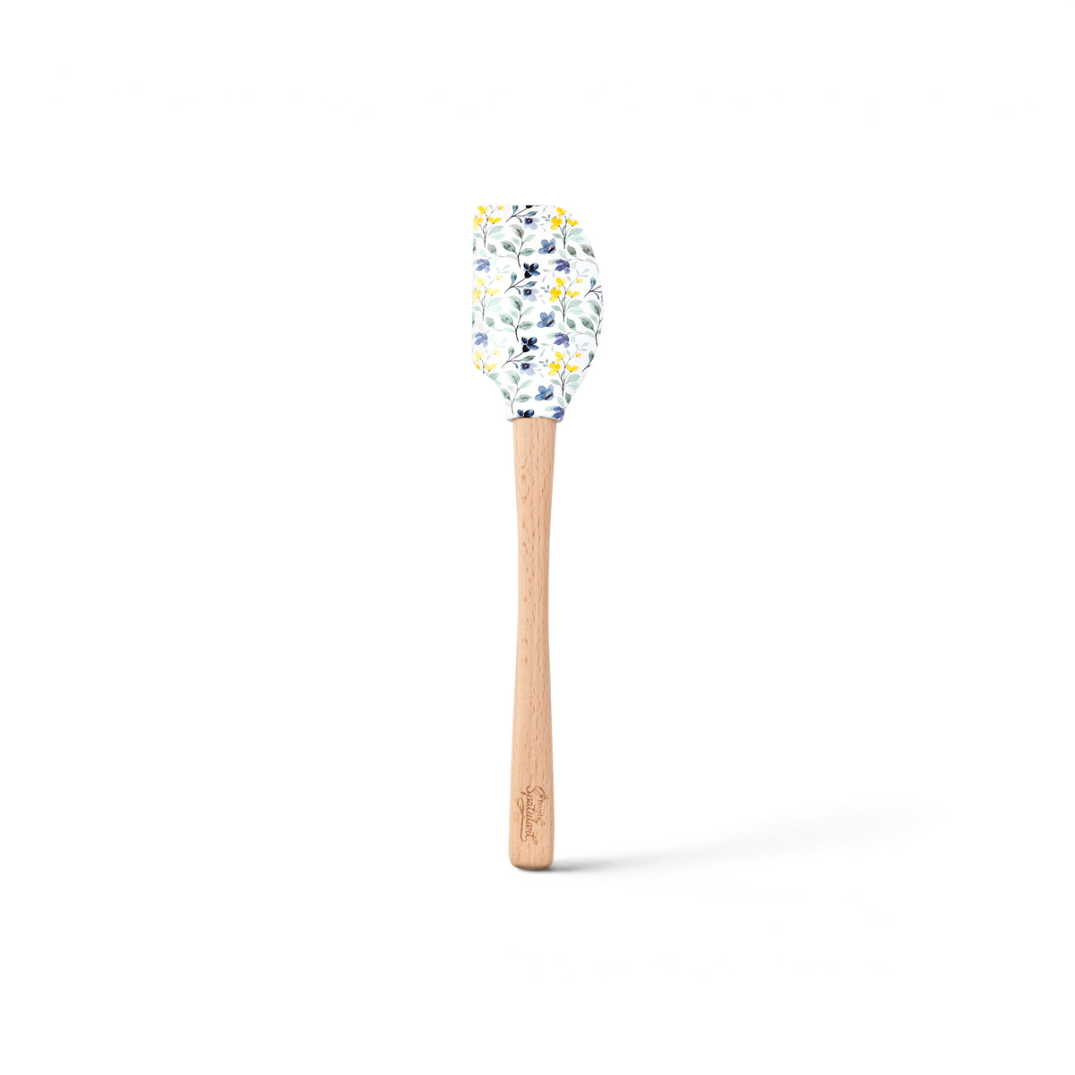 The Spring Spatulart is a wood-handled spatula with a silicone head, decorated with yellow and blue flowers and green leaves on a white background. Stylish and practical, it’s the perfect addition to your kitchen.