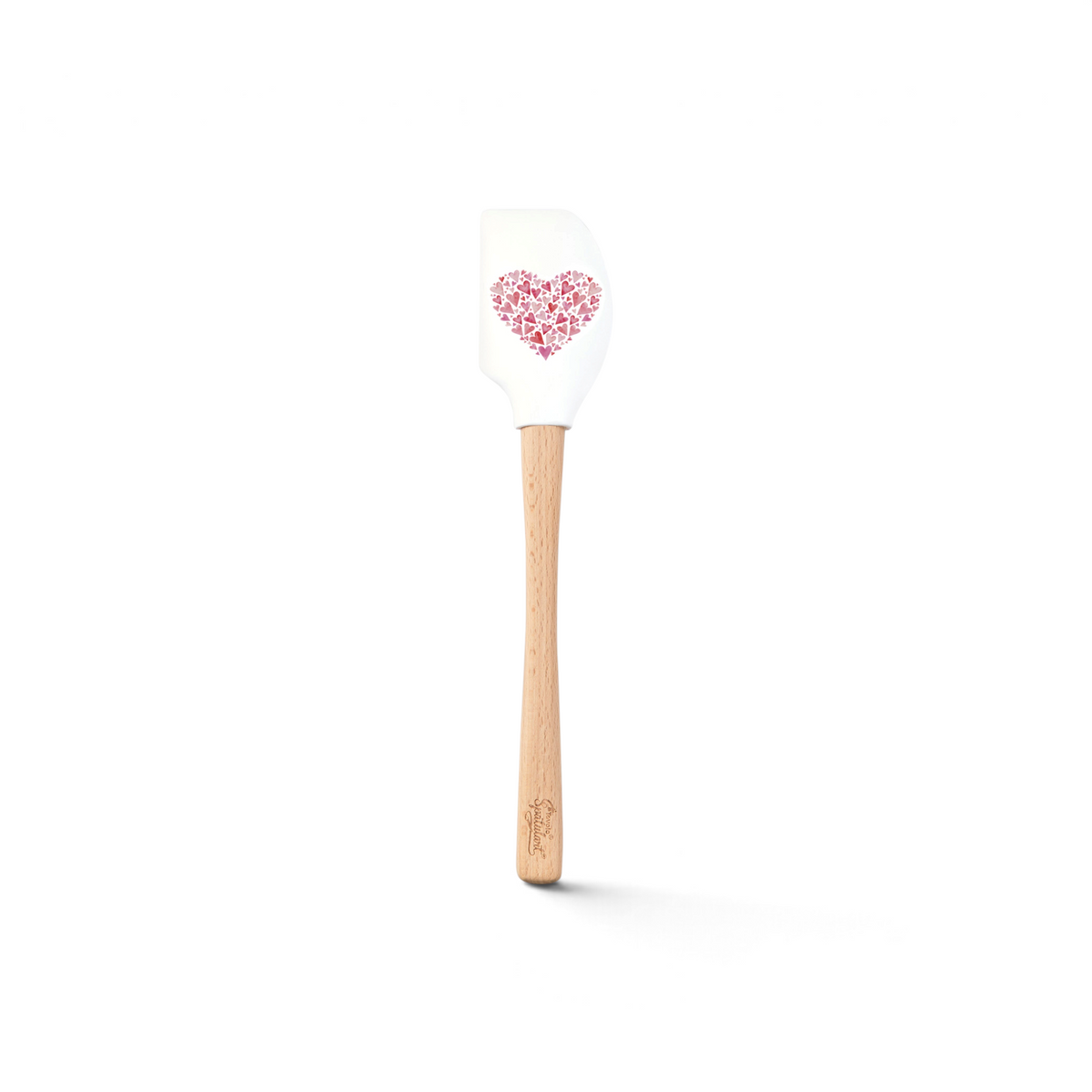 The Spring Spatulart is a white silicone spatula with a wooden handle, featuring a pink heart made of small hearts on the blade—stylish and functional for your kitchen.