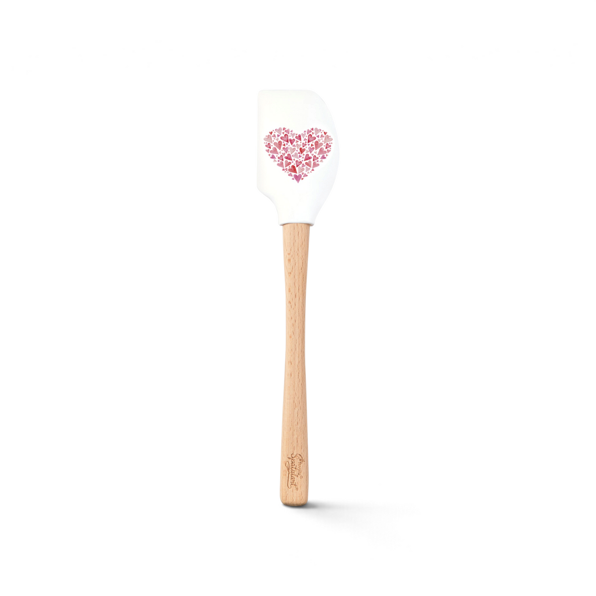 The Spring Spatulart is a white silicone spatula with a wooden handle, featuring a pink heart made of small hearts on the blade—stylish and functional for your kitchen.