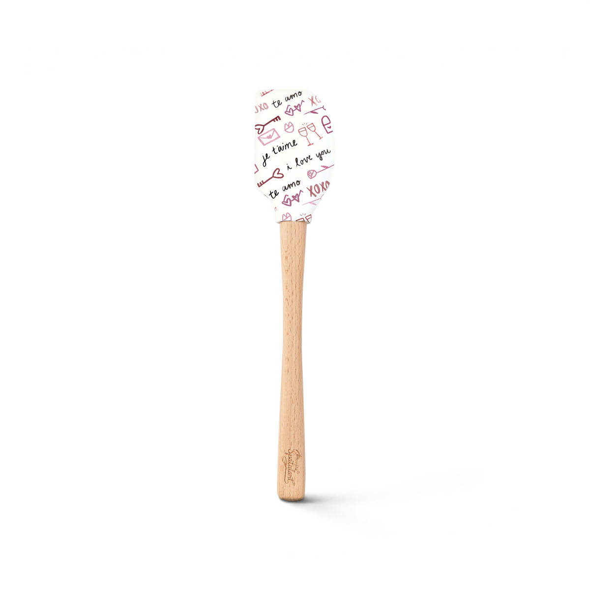 The Spring Spatulart features a wood handle and a white silicone head decorated with red and black handwritten "I love you," "te amo," hearts, and XOXO—perfect for adding a touch of love to your baking.
