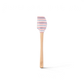 The Summer Spatulart features a durable white silicone head with red, blue, and black stripes and a wood handle engraved at the base. Set on a plain white background, this kitchen utensil blends style and function.