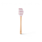 The Summer Spatulart features a durable white silicone head with red, blue, and black stripes and a wood handle engraved at the base. Set on a plain white background, this kitchen utensil blends style and function.