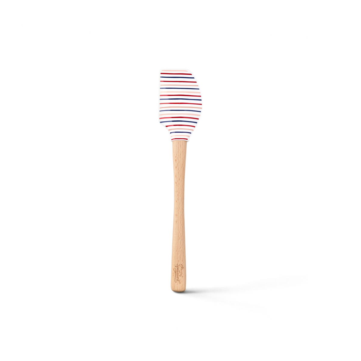 The Summer Spatulart features a durable white silicone head with red, blue, and black stripes and a wood handle engraved at the base. Set on a plain white background, this kitchen utensil blends style and function.