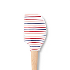 The Summer Spatulart is a wood-handled spatula with a silicone head featuring red, navy blue, and light pink stripes on white—combining style and durability for all your kitchen needs.