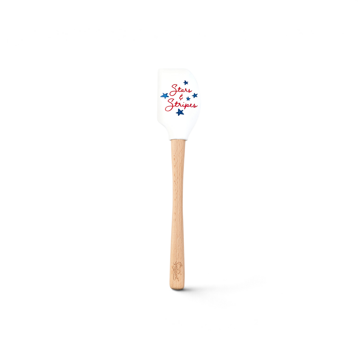 The Summer Spatulart is a durable kitchen utensil with a wood handle and a white silicone head featuring blue stars and bold red "Stars & Stripes" text—ideal for festive cooking.