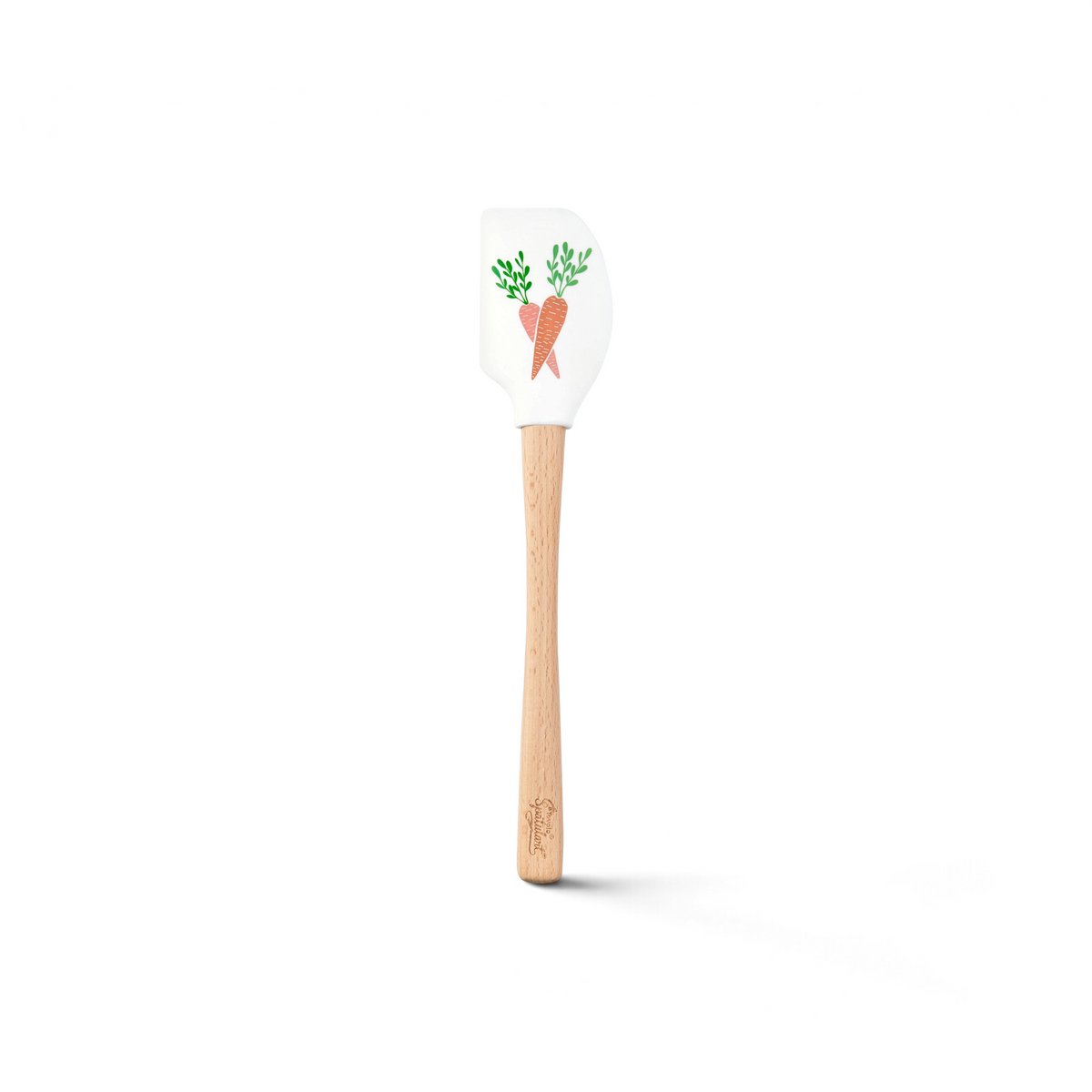 The Spring Spatulart is a wood-handled spatula with a white silicone head, decorated with a carrot patch design of two orange carrots with green tops.