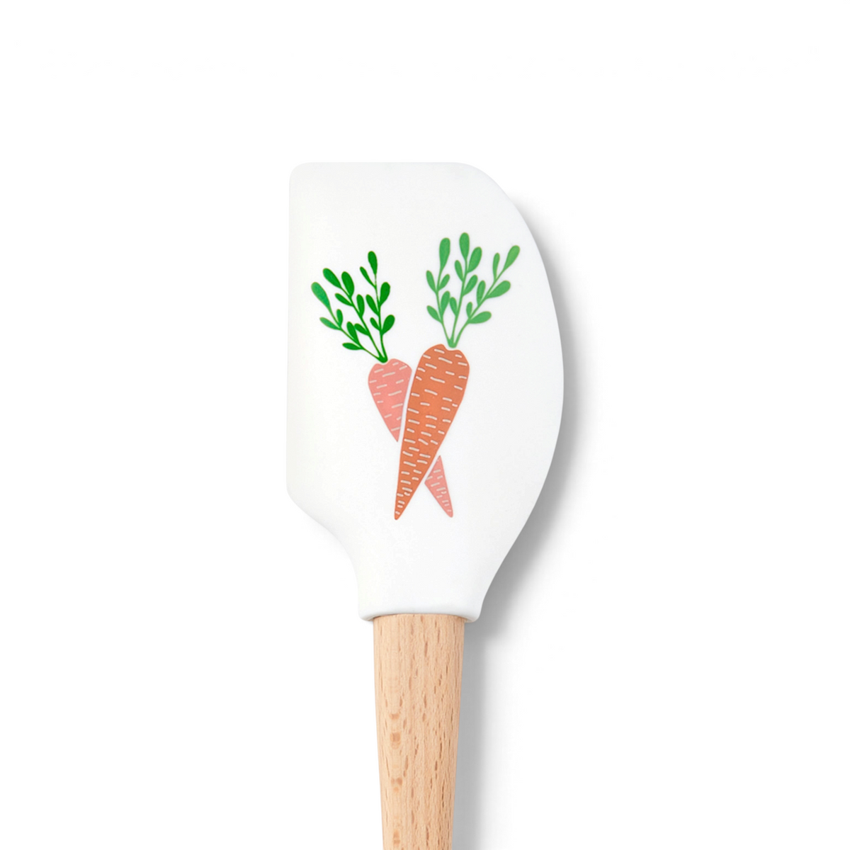 The Spring Spatulart wood-handled silicone spatula showcases a cute carrot patch design, featuring two orange carrots with green tops crossed over each other.