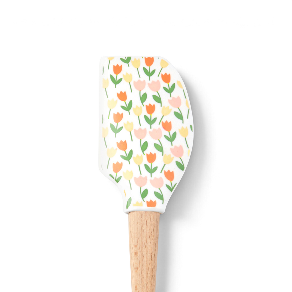 The Spring Spatulart is a wood-handled spatula with a silicone head, decorated with a charming pattern of orange, yellow, and pink tulips with green stems on a white background.