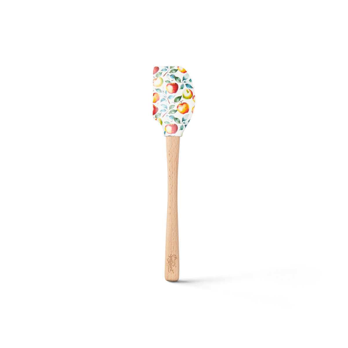 The Autumn Spatulart features a wood handle and a silicone head decorated with vibrant peaches and green leaves, adding a charming touch to any home chef's kitchen.