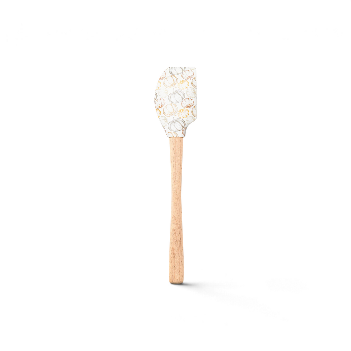 The Autumn Spatulart features a wood handle and a silicone head with a gold, orange, and gray outlined pumpkin pattern on a white background—perfect for adding seasonal charm to your kitchen.