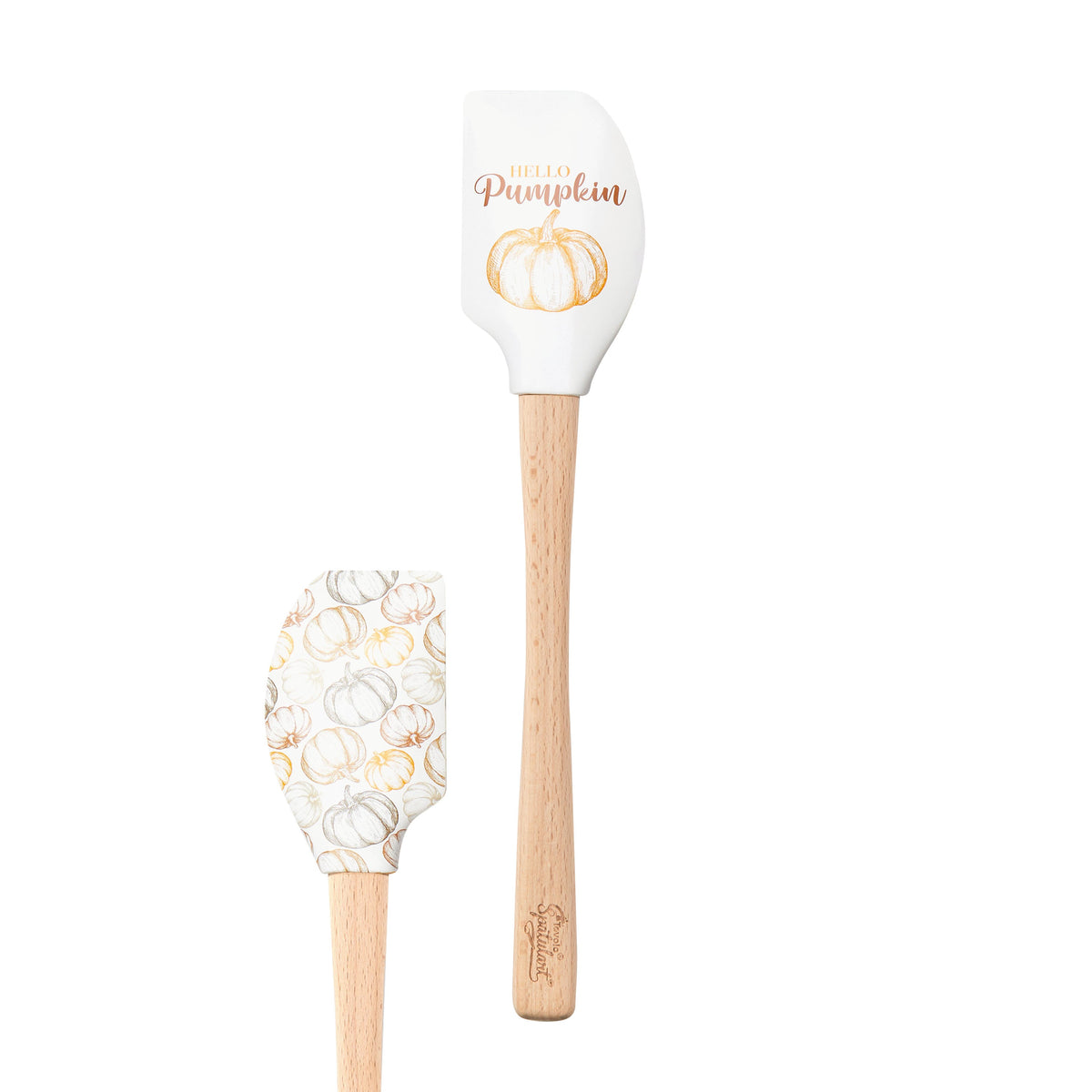 The Autumn Spatulart set features two wood-handled utensils with white silicone heads: one printed with "Hello Pumpkin" and a pumpkin graphic, the other decorated with a white and orange pumpkin pattern.