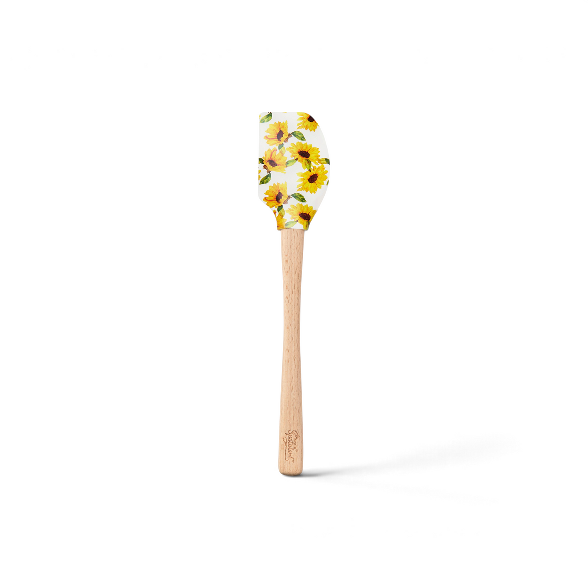 The Summer Spatulart features a durable white silicone spatula head with a vibrant yellow sunflower design and a sturdy wooden handle, combining style and function for your kitchen.