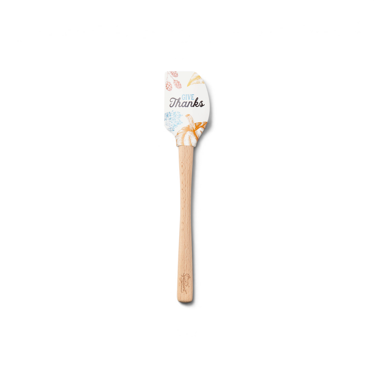 The Autumn Spatulart features a wood handle and white silicone head with “Give Thanks” and fall designs—leaves, wheat, and pumpkins—making it the perfect festive utensil for your autumn kitchen.