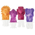 Four animal-shaped Pop Molds—a lion (orange), monkey (purple), bear (red), and elephant (purple)—stand upright on white bases, perfect for making delightful homemade popsicles.