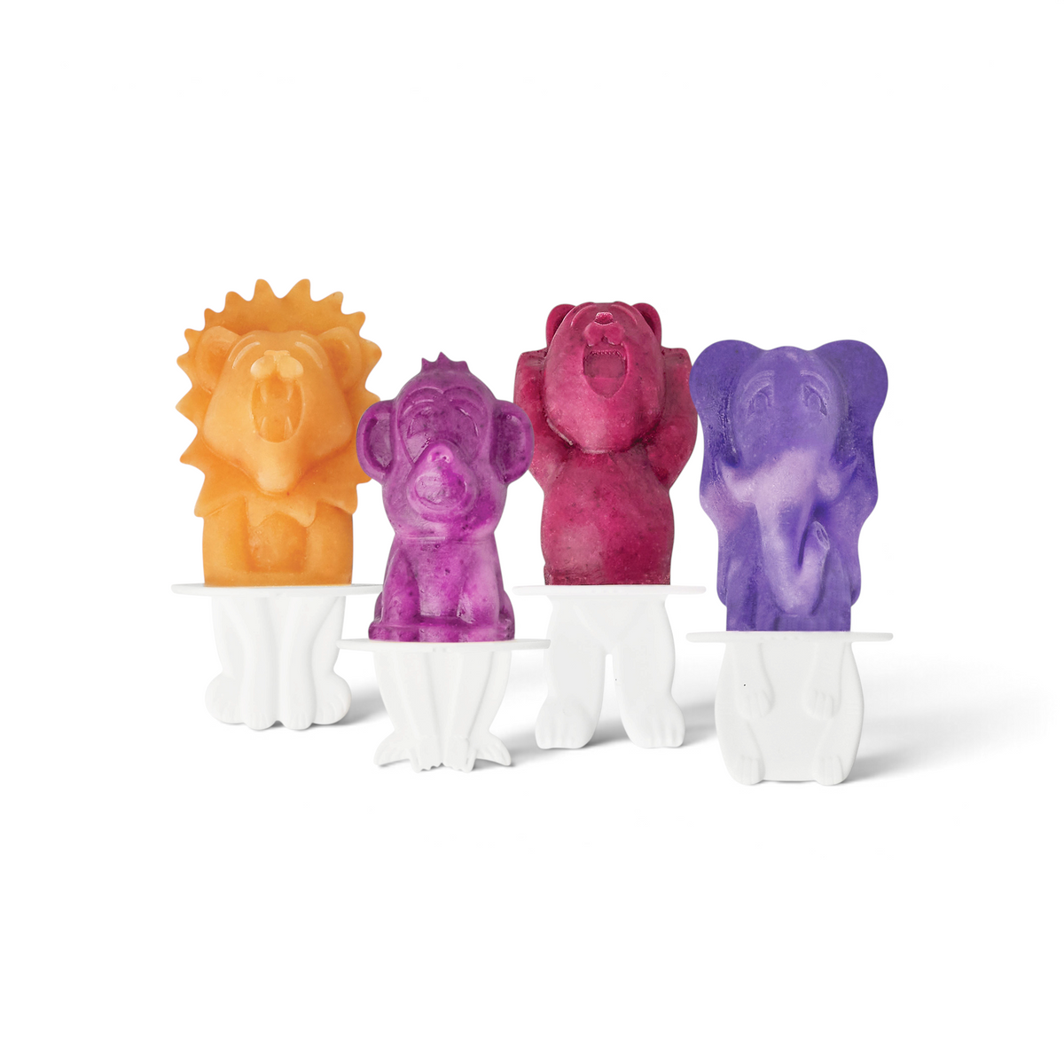 Four animal-shaped Pop Molds—a lion (orange), monkey (purple), bear (red), and elephant (purple)—stand upright on white bases, perfect for making delightful homemade popsicles.