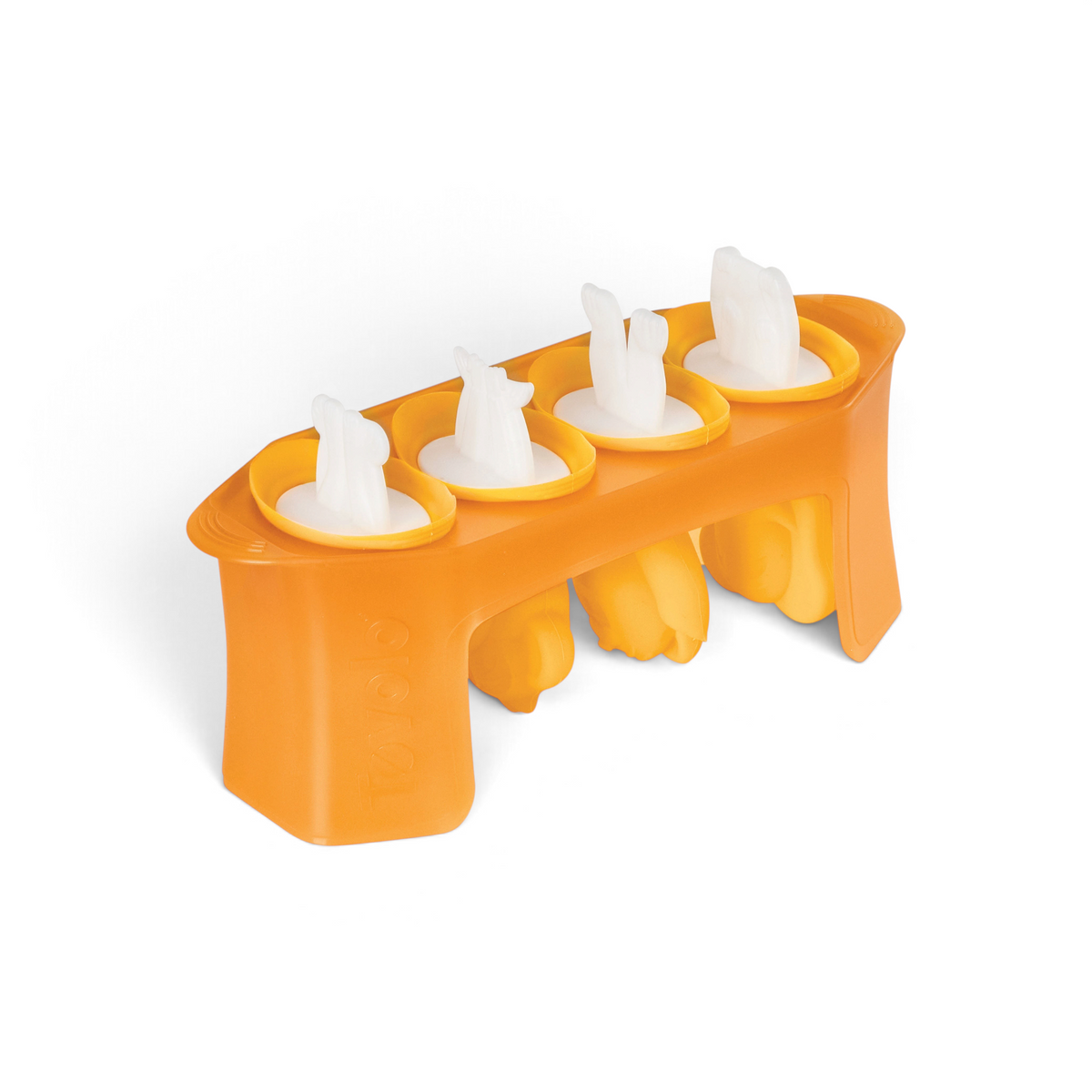 The Pop Molds tray comes in orange and includes four popsicle molds, each with a white rabbit-shaped handle, making it easy and fun to create homemade frozen treats with cute bunny ear handles.