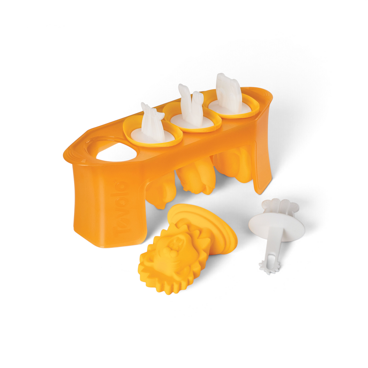 An orange Pop Molds slimline tray with four slots holds three inserted molds and one removed, showing a yellow rooster-shaped mold with a white handle. The tray features an open handle on its side for easy carrying.