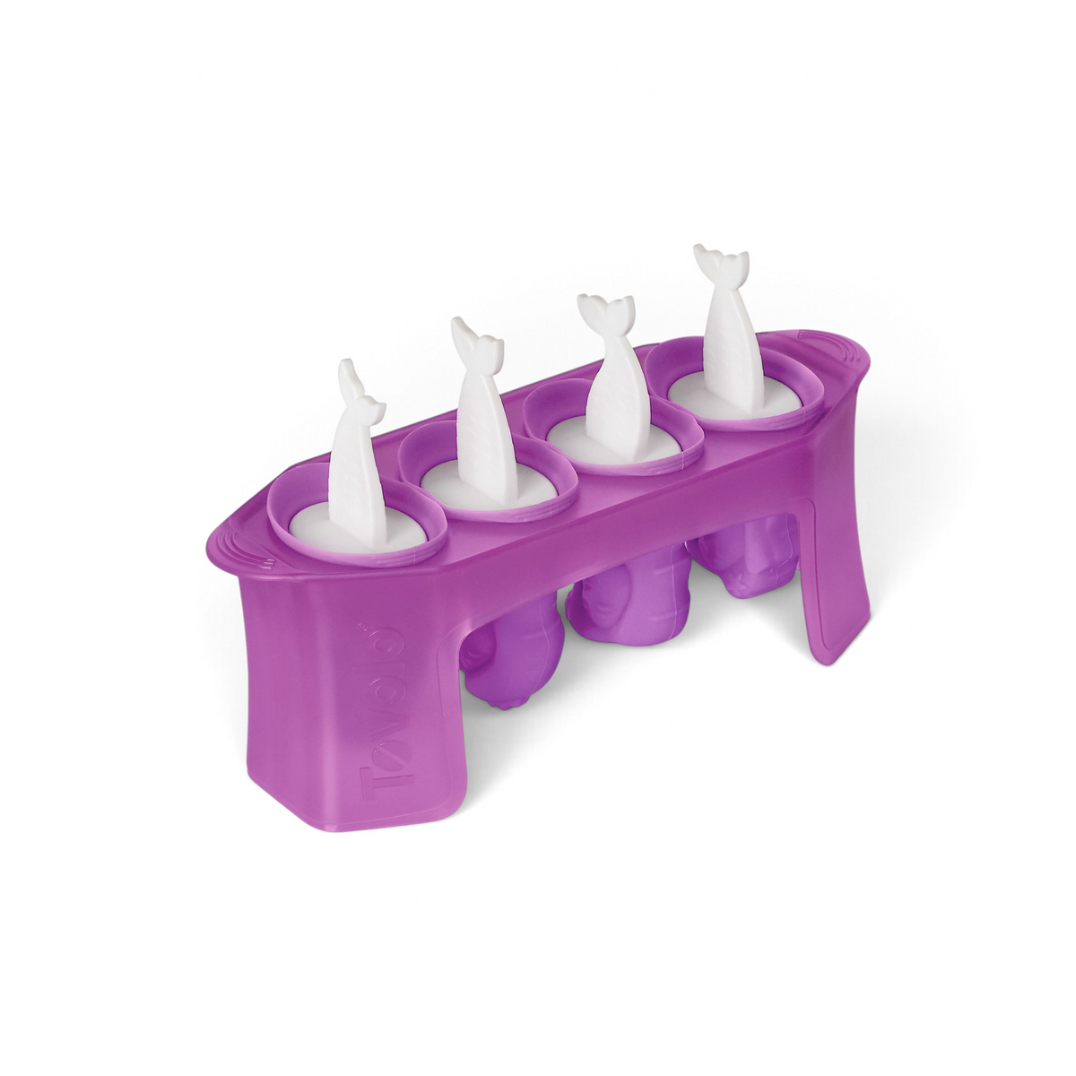 The Pop Molds set includes a slim tray holding four purple molds with white, mermaid tail-shaped handles—ideal for creating homemade frozen treats.