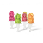 Four colorful mermaid-shaped Pop Molds in pink, green, red, and orange rest on white holders with mermaid tail handles—perfect for creating homemade frozen treats.